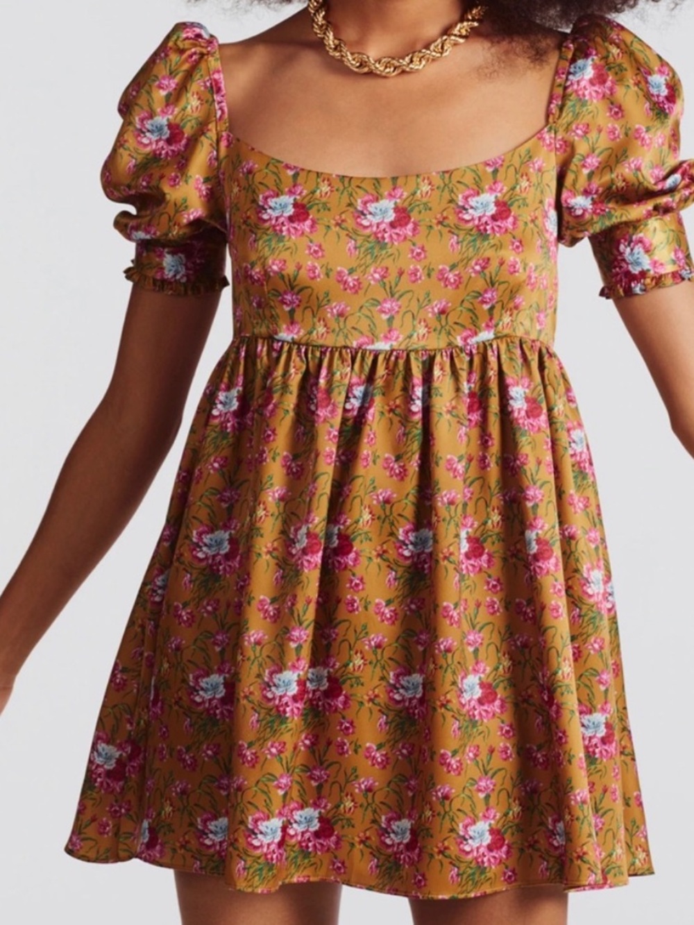 Love Shack Fancy Golden Floral Puff Sleeve Dress